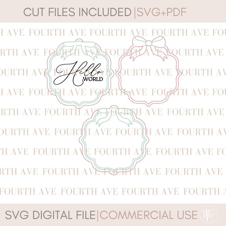 Puede incluir: Un archivo de corte digital para un marco decorativo con un lazo y el texto "Hello World". El marco es de color verde claro con un contorno verde oscuro. El lazo es de color rosa claro con un contorno rosa oscuro. El texto est&aacute; en una fuente cursiva negra.