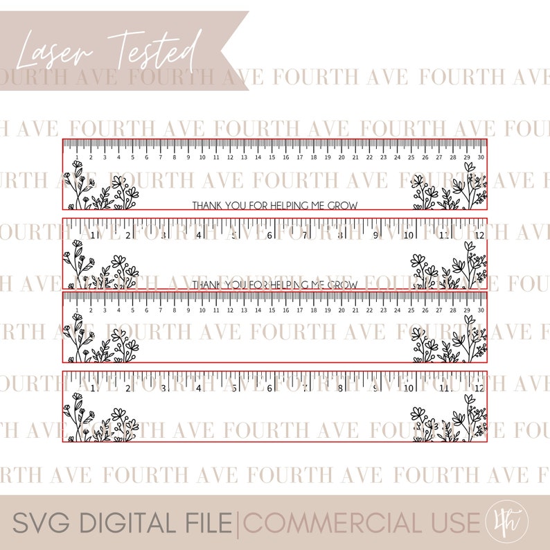May include: A black and white ruler with floral designs and the text "Thank you for helping me grow". The ruler is 12 inches long and has markings for each inch.
