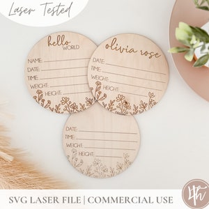 Wildflower Scoring and Engraving Hello World Stats SVG | SVG New Born Stats | Glowforge SVG | Pliki laserowe | Pomysły na prezenty na baby shower