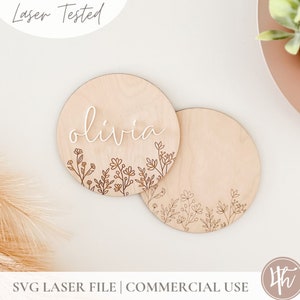 Wildblumen Scoring und Gravur Runde SVG | SVG Benutzerdefiniertes Namensschild | Lasergravur Dateien | Glühschmieden SVG | Laserdateien |Holz Kinder Wandkunst