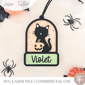 Black Cat en Night Sky Halloween Basket Tag SVG | SVG Boo-mandlabel| Gepersonaliseerde boo-mandtag | Aangepaste Halloween-tag | Glowforge