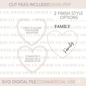 May include: Two heart-shaped SVG cut files for crafting. One heart says "Open to allow for future additions" and the other says "Family".