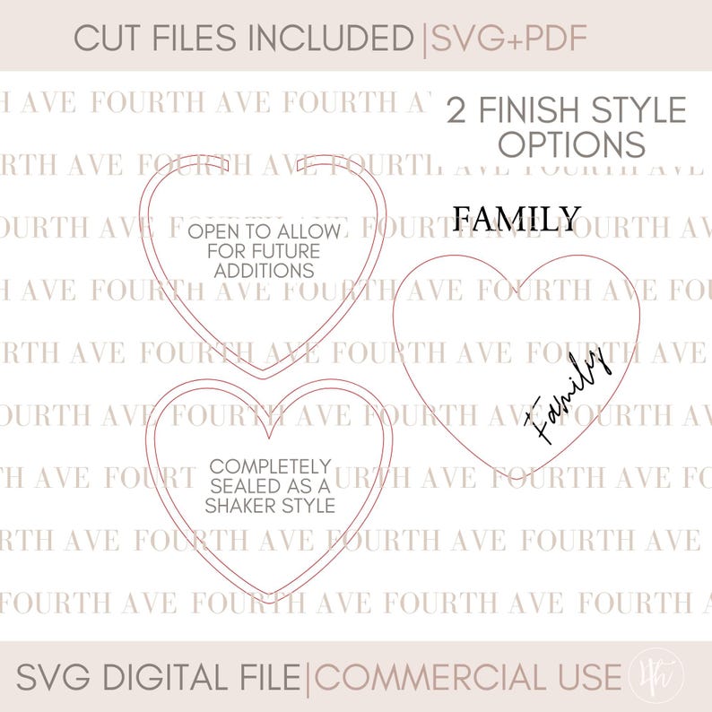 May include: Two heart-shaped SVG cut files for crafting. One heart says "Open to allow for future additions" and the other says "Family".
