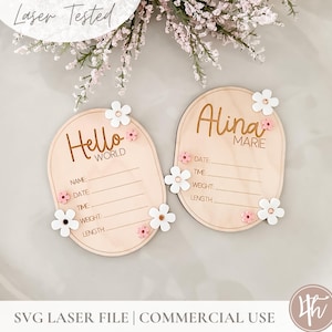 Gänseblümchen Hallo Welt mit Geburtsdaten Oval SVG | SVG Neugeborenen Photo Prop| Glühschmieden SVG | Laser Files |Geschenk-Ideen für die Taufe Personalisiert