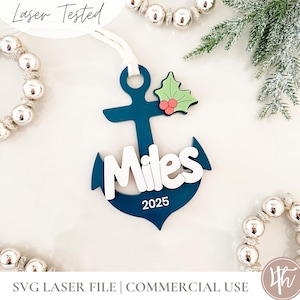 Nautical Anchor Ornament | Personalized| Laser Cut Files | Glowforge SVG | Laser Christmas SVG | Wood Acrylic File | Christmas Wreath SVG