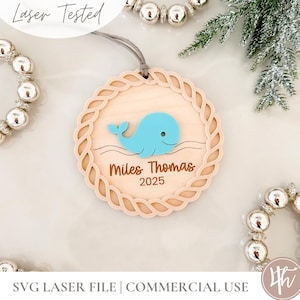 Whale in Waves Ornament | Personalized| Laser Cut Files | Glowforge SVG | Laser Christmas SVG | Wood Acrylic File | Christmas Wreath SVG