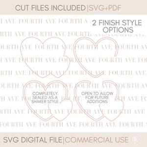 May include: Two SVG cut files for a heart-shaped design. One heart is completely sealed, while the other is open to allow for future additions. The text "Completely Sealed as a Shaker Style" and "Open to Allow for Future Additions" is included in the design.