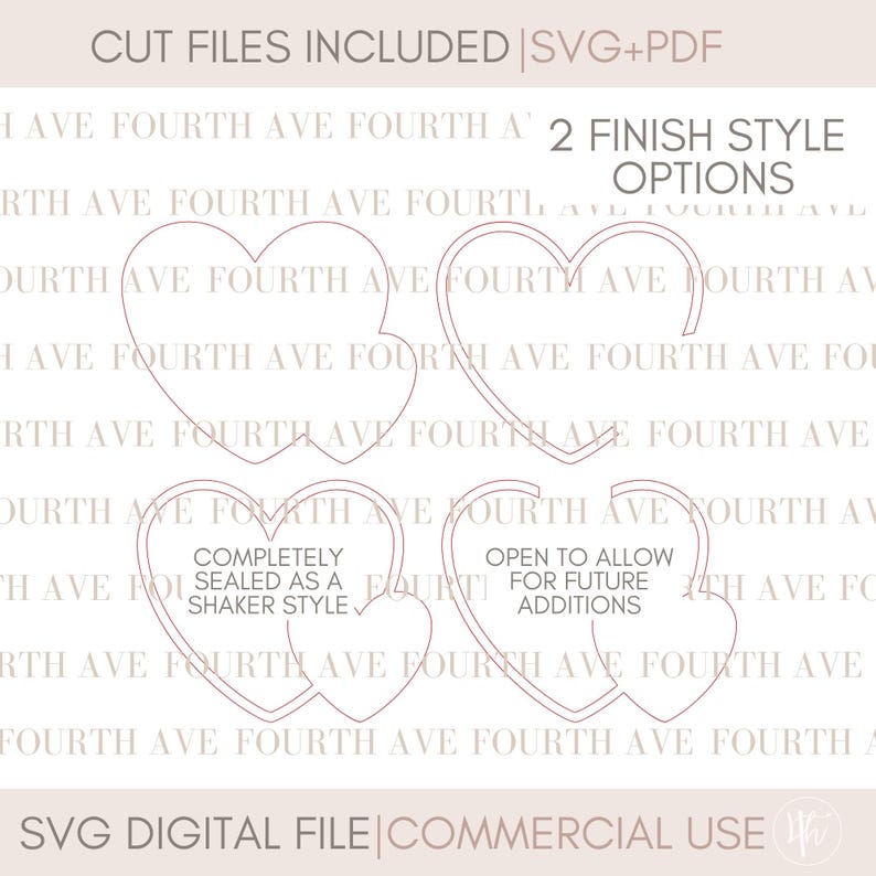 May include: Two SVG cut files for a heart-shaped design. One heart is completely sealed, while the other is open to allow for future additions. The text "Completely Sealed as a Shaker Style" and "Open to Allow for Future Additions" is included in the design.