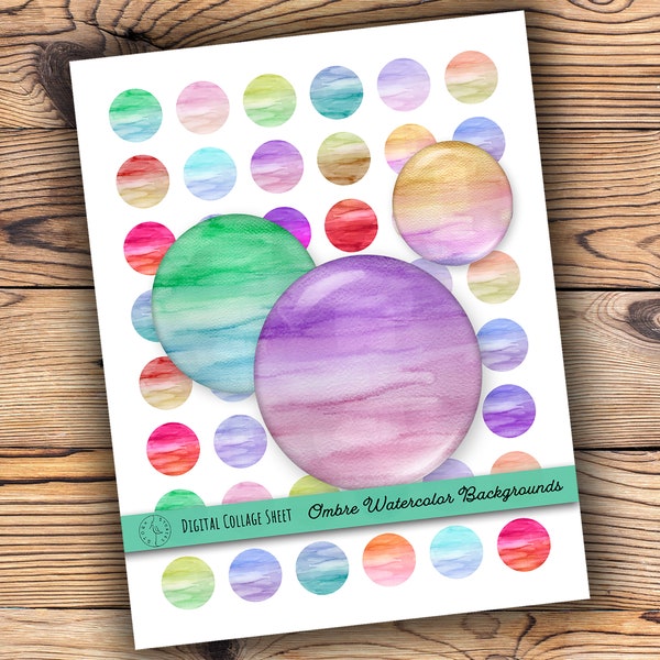 Hand painted Ombre Watercolor Backgrounds Instant Download jewelry making - 48 1 Inch round circle JPG images - Digital Collage Sheet