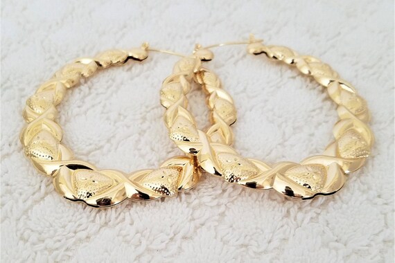 Gold Tone Bamboo XO Style Hoop Earrings Door Knocker