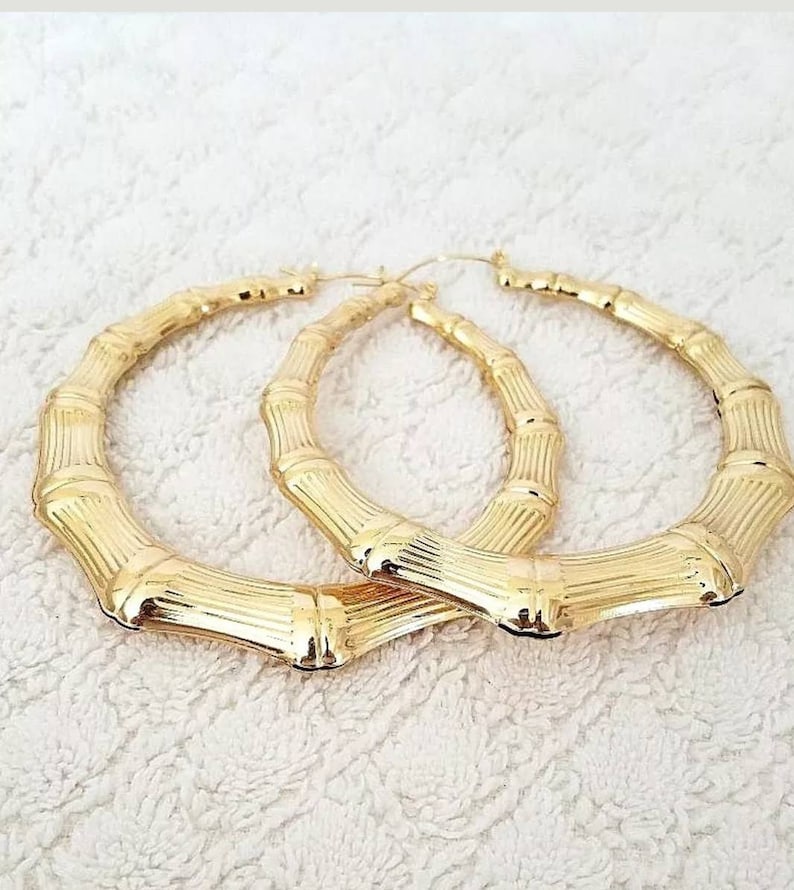 14K Gold Tone Bamboo Style Hoop Earrings Door Knocker Etsy