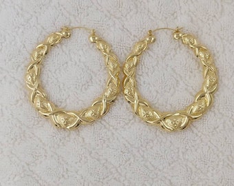 Gold Tone Bamboo XO Style Hoop Earrings Door Knocker