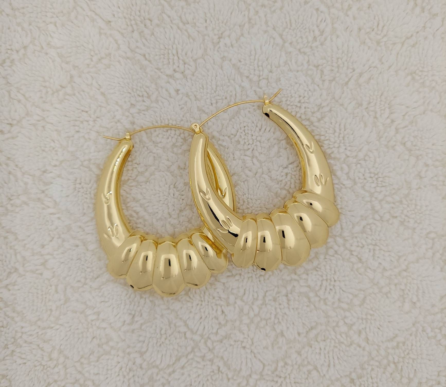 Gold Tone Bamboo Shrimp Style Hoop Earrings Door Knocker New Etsy