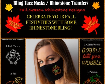 Fall Face Mask with Rhinestone Design,Face Mask Rhinestone Transfers, Face Mask Bling, Bling Rhinestone Mask Transfers, DIY Mask Transfers
