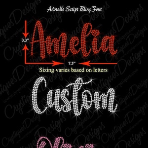 Adorable Script Bling Font-Personalize a Phrase or Name-Iron on hot fix Rhinestone Transfer Bling.  DIY Rhinestone apparel.