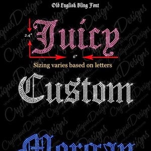 Old English Bling font-Personalize a Phrase or Name-Iron on hot fix Rhinestone Transfer Bling.  DIY Rhinestone apparel.