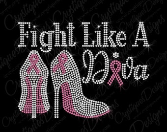 Fight Like A Diva  Iron On Rhinestone Transfer - Rhinestone Cancer Ribbons with Heels