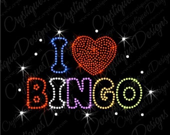 I Love Bingo Iron On Transfer - Bingo Bling Rhinestones and Metals Design