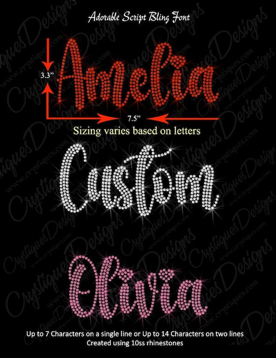 Adorable Script Bling Font-Personalize a Phrase or Name-Iron on hot fix Rhinestone Transfer Bling.  DIY Rhinestone apparel.