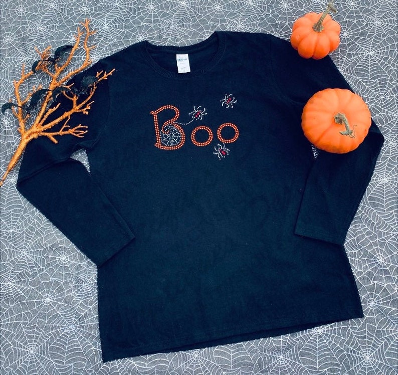 Womens T-Shirt Rhinestone Bling Black Fitted Tee Happy Halloween Bat Witch Hat