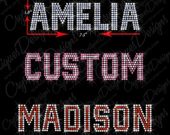 Block Font Bling font-Personalize a Phrase or Name-Iron on hot fix Rhinestone Transfer Bling. DIY Rhinestone Apparel.