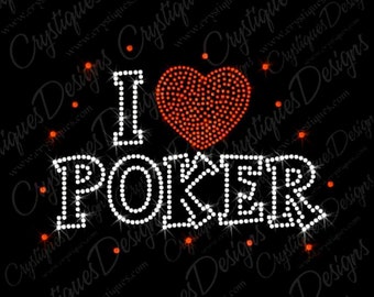 I Love Poker Iron On Transfer - Poker Bling Rhinestone Design - Casino Rhinestone Transfer