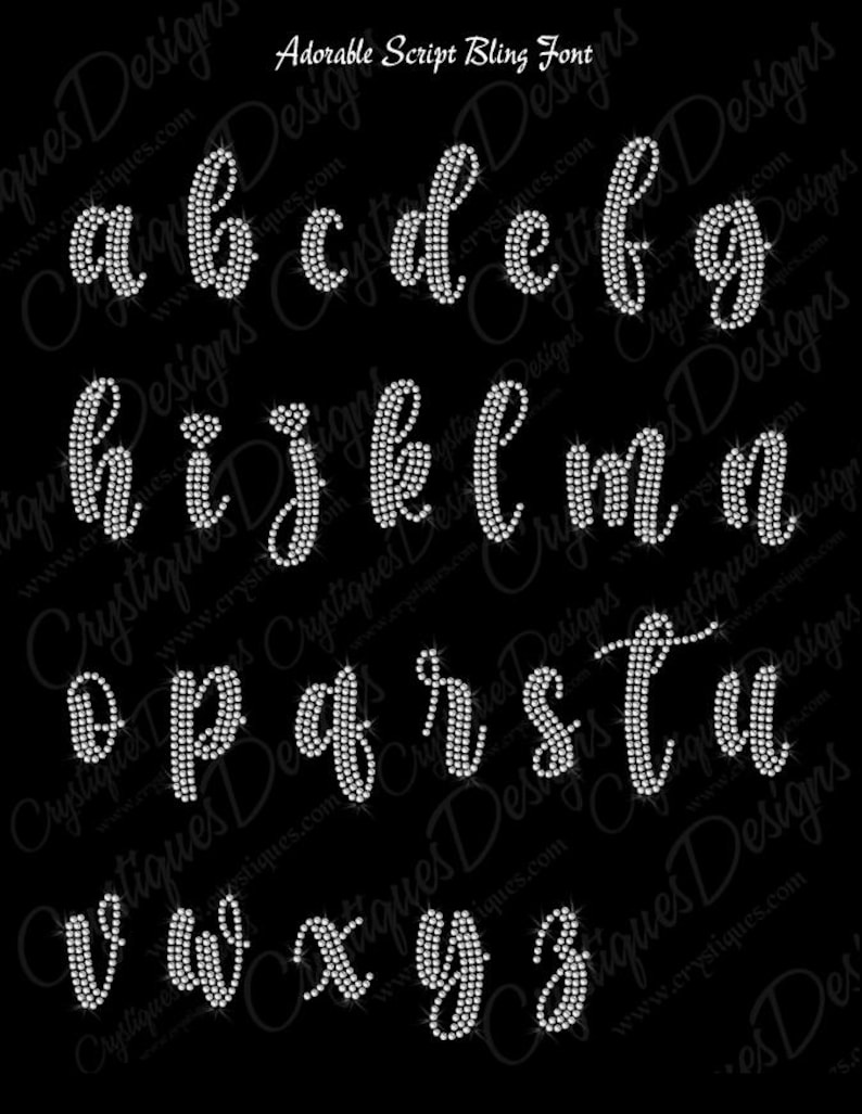Uroczy font Script Bling — personalizuj frazę lub nazwę — żelazko na gorącym kleju, transfer kryształków Bling. Odzież DIY z kryształkami. zdjęcie 3