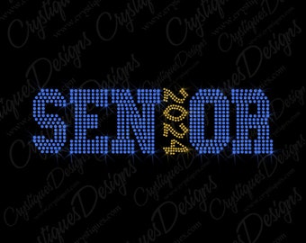 May include: A black background with the word "SENIOR" in blue rhinestones and "2024" in gold rhinestones. The design is likely for graduation apparel or accessories.