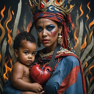 Pode incluir: Representação artística de uma mulher e um bebé. A mulher usa uma coroa, joias e pintura facial. Ela segura um coração vermelho. O bebé é segurado perto, com uma expressão séria. O fundo apresenta chamas.