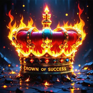 Può includere: Un design di corona regale in rosso e oro, ornato di gioielli e fiamme. Il testo "CROWN OF SUCCESS" è visualizzato sulla base della corona. L'immagine ha uno sfondo scuro con scintille.