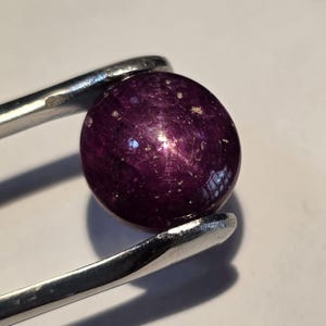 May include: A round, polished, deep purple gemstone with a star effect, held by silver tweezers. The gem has small white inclusions and a glossy surface. The star effect is visible across the surface of the gem.
