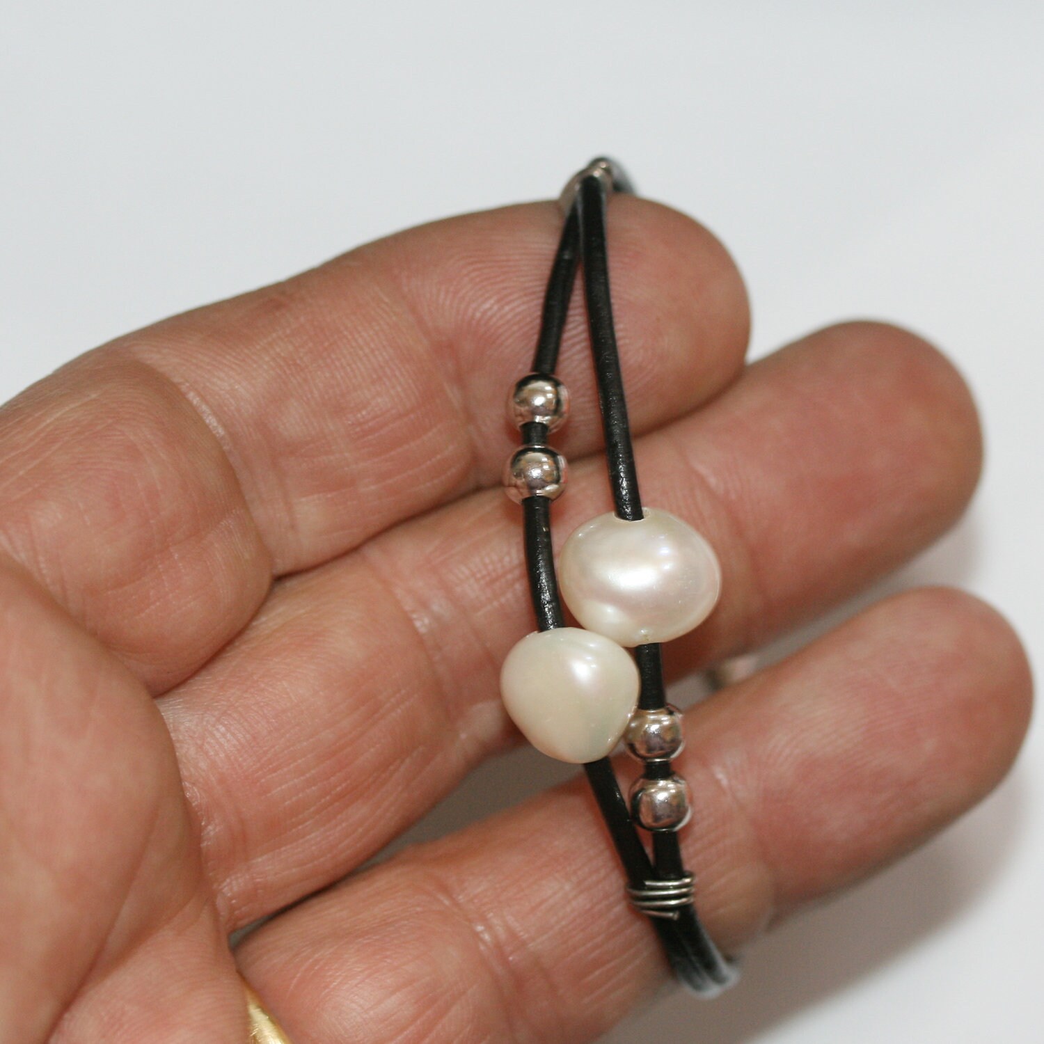 Baroque Pearl Leather Silver Bracelet -long 20cm - Etsy