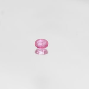 Puede incluir: Una gema rosa de forma ovalada con una superficie pulida. La gema está sobre un fondo blanco, con su reflejo visible debajo. La gema parece ser un rubí o zafiro rosa, adecuada para joyería.
