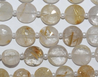 8" St Rutilated Quartz Faceted Coin Beads 9-10mm.- Strand 20cm.