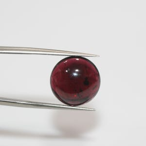 Può includere: Una gemma rotonda e lucida, di colore rosso intenso, tenuta da una pinzetta d'argento. La gemma ha una superficie liscia e riflettente e appare traslucida. La pinzetta è posizionata per tenere saldamente la gemma.