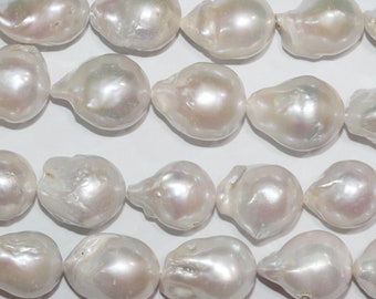 May include: Strand of lustrous, off-white baroque pearls. Each pearl has a unique, irregular shape with a smooth, iridescent surface. The pearls are strung together, showcasing their natural beauty and variations in size and form.
