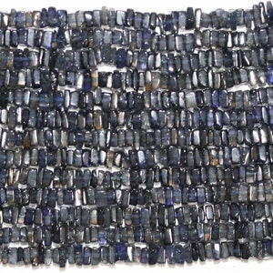 Peut inclure: Un brin de perles rectangulaires facettées bleu foncé. Les perles sont en kyanite et ont une finition légèrement irisée.