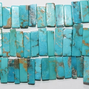 Peut inclure: Un brin de perles de turquoise, chaque perle est de forme rectangulaire avec une finition lisse et polie. Les perles sont d'une couleur bleu-vert vibrante avec des marbrures brunes et noires.