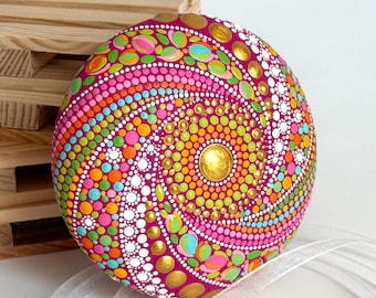 Hand-Painted Spiral Mandala Stone, Dot Painting Art Object with Gold Accents, Colorful Home Decor and Unique Gift