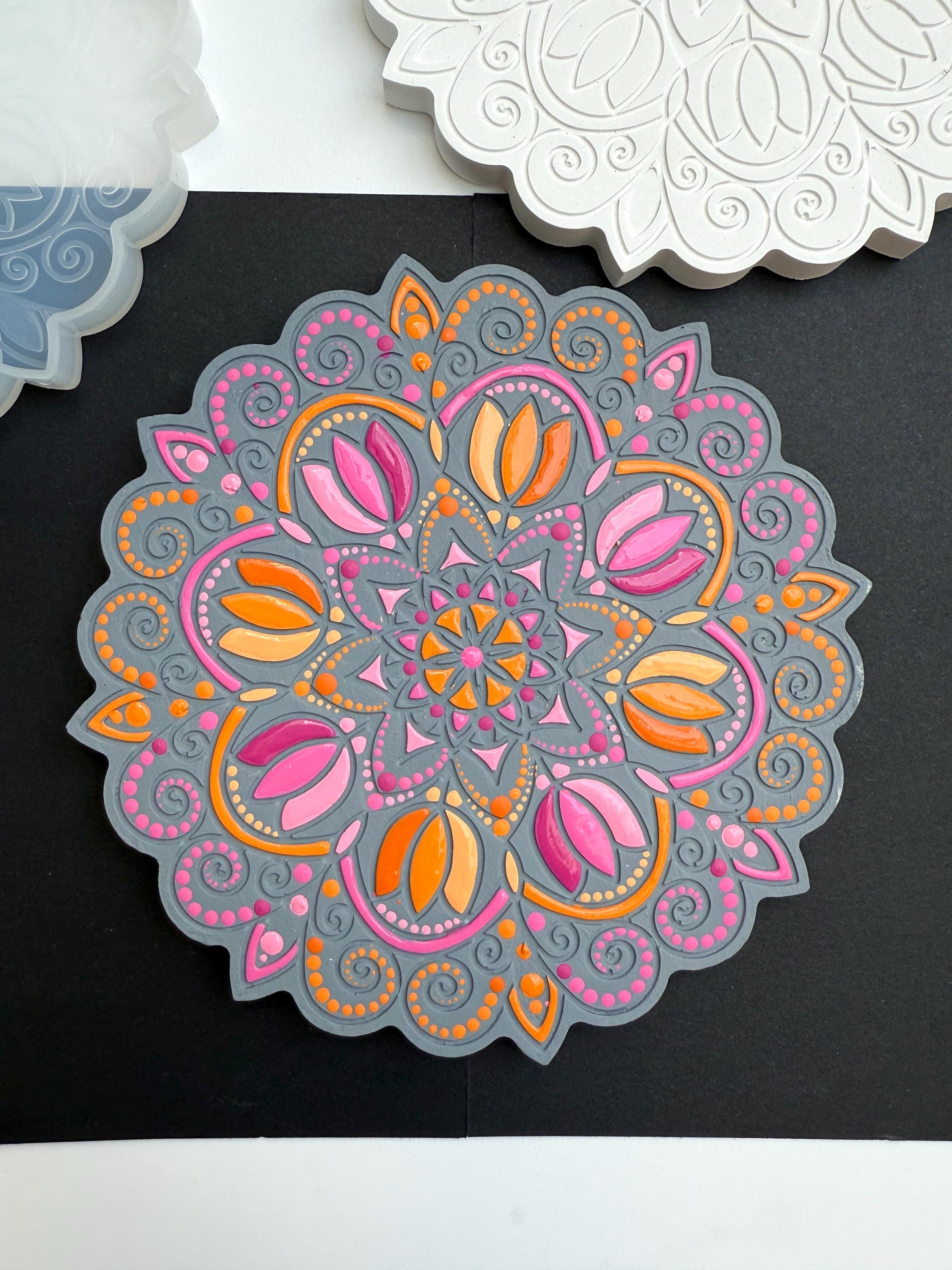 Boutigem Lot De 4 Grands Moules En Silicone Pour Dessous De Verre En Forme De Fleur Mandala, Motif Géode 3D Pour Décoration De La Maison