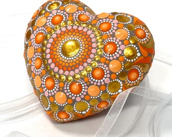 Hand Painted Mandala Heart One of a Kind – Acrylic Dot Painting Art – Original Artwork by Feinrosa in Orange, Apricot and Gold