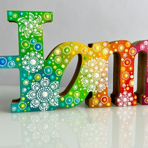 Home, hand-painted wooden lettering dot art, wooden letters hand-painted with colorful mandala flowers made of rainbow acrylics, gift idea image 9