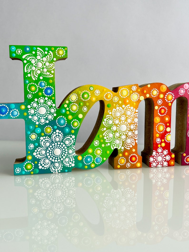 Home, hand-painted wooden lettering dot art, wooden letters hand-painted with colorful mandala flowers made of rainbow acrylics, gift idea image 9