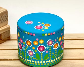 Small Hand Painted Box with Lid as Colorful Home and Table Decor with Flowers in Boho Style, Gift Idea and Storage for Little Treasures