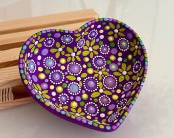 Heart Jewelry Dish with Flowers, Hand Painted Ring Holder for Jewelry, Boho Home Decor, Thoughtful Gift for Her, Handcrafted Art