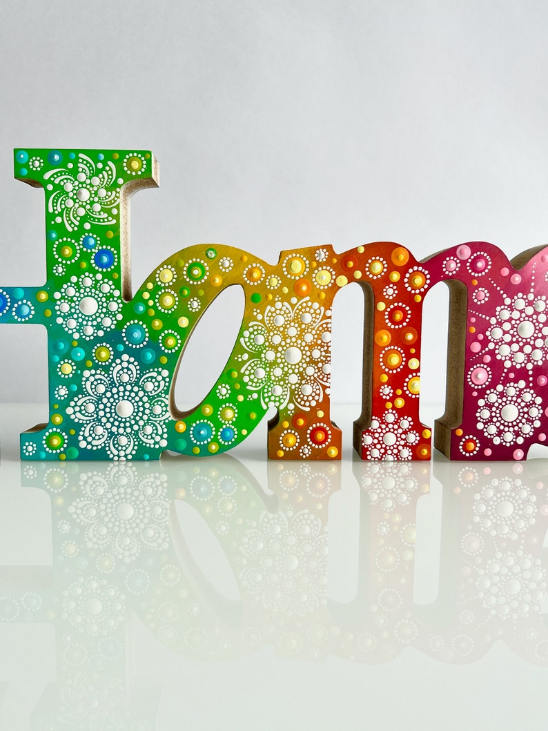 Home, hand-painted wooden lettering dot art, wooden letters hand-painted with colorful mandala flowers made of rainbow acrylics, gift idea image 5