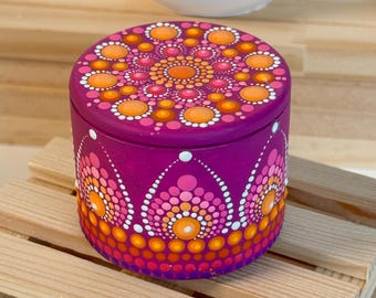 Small Hand Painted Lidded Box in Boho Style with Colorful Dot Mandala Art as a Gift for Her or a Stylish Home Accent