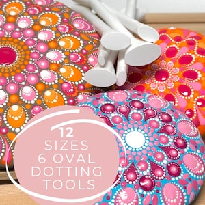 May include: A selection of dotting tools and painted stones. The stones display detailed patterns in pink, orange, and blue. White oval dotting tools are also present. The image includes text that reads "12 sizes 6 oval dotting tools."
