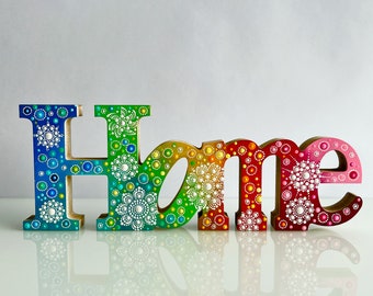 Home, hand-painted wooden lettering dot art, wooden letters hand-painted with colorful mandala flowers made of rainbow acrylics, gift idea