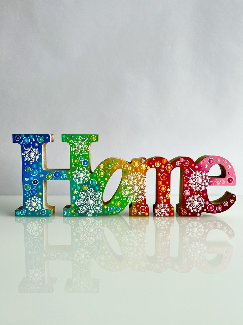 Home, hand-painted wooden lettering dot art, wooden letters hand-painted with colorful mandala flowers made of rainbow acrylics, gift idea image 1